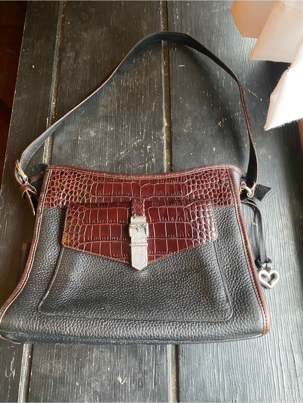 Brighton Black Pebbled Leather Crossbody with Dark Brown Croc-Accent Flap